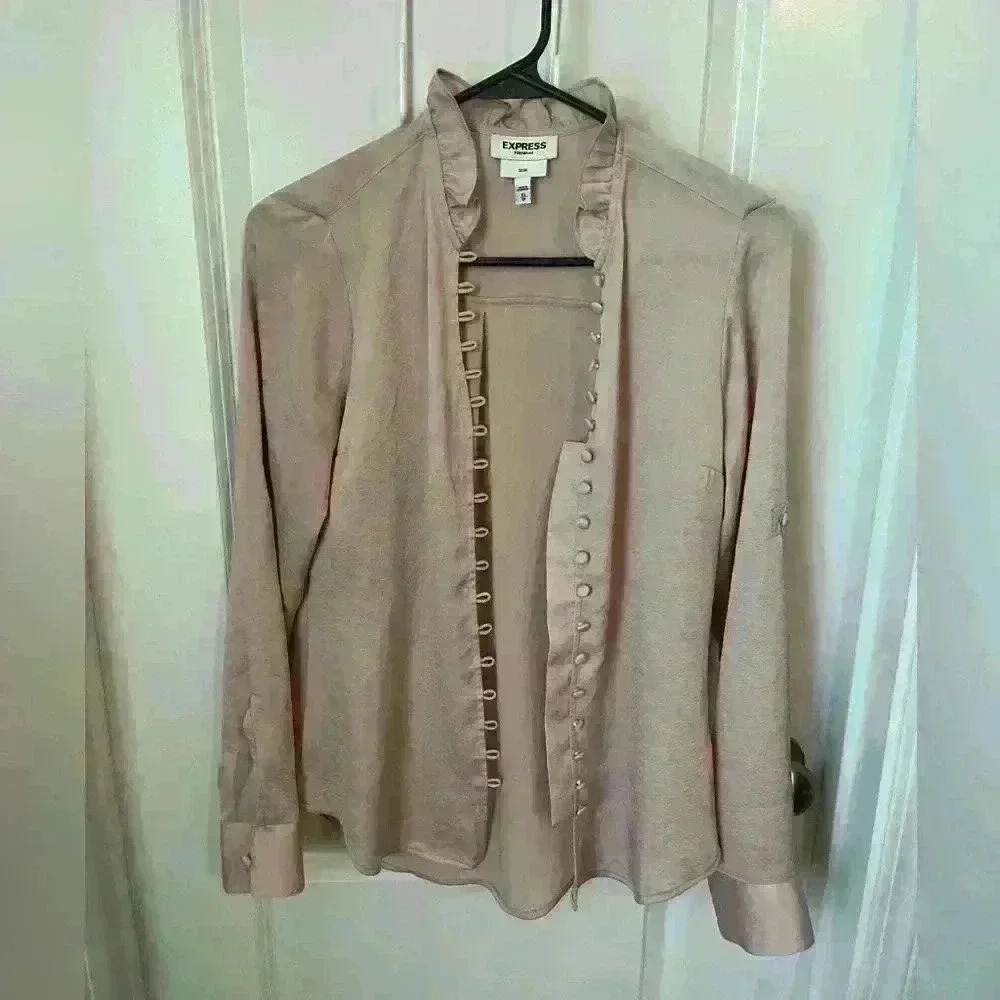 EXPRESS Slim Fit Satin Portofino Ruffle Shirt in Truffle Pink, Size XS